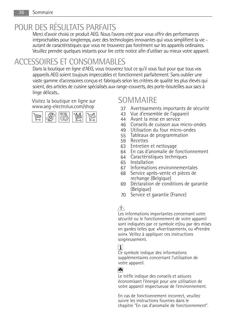 Pour des résultats parfaits, Accessoires et consommables, Sommaire | AEG MC1763E-M User Manual | Page 36 / 168