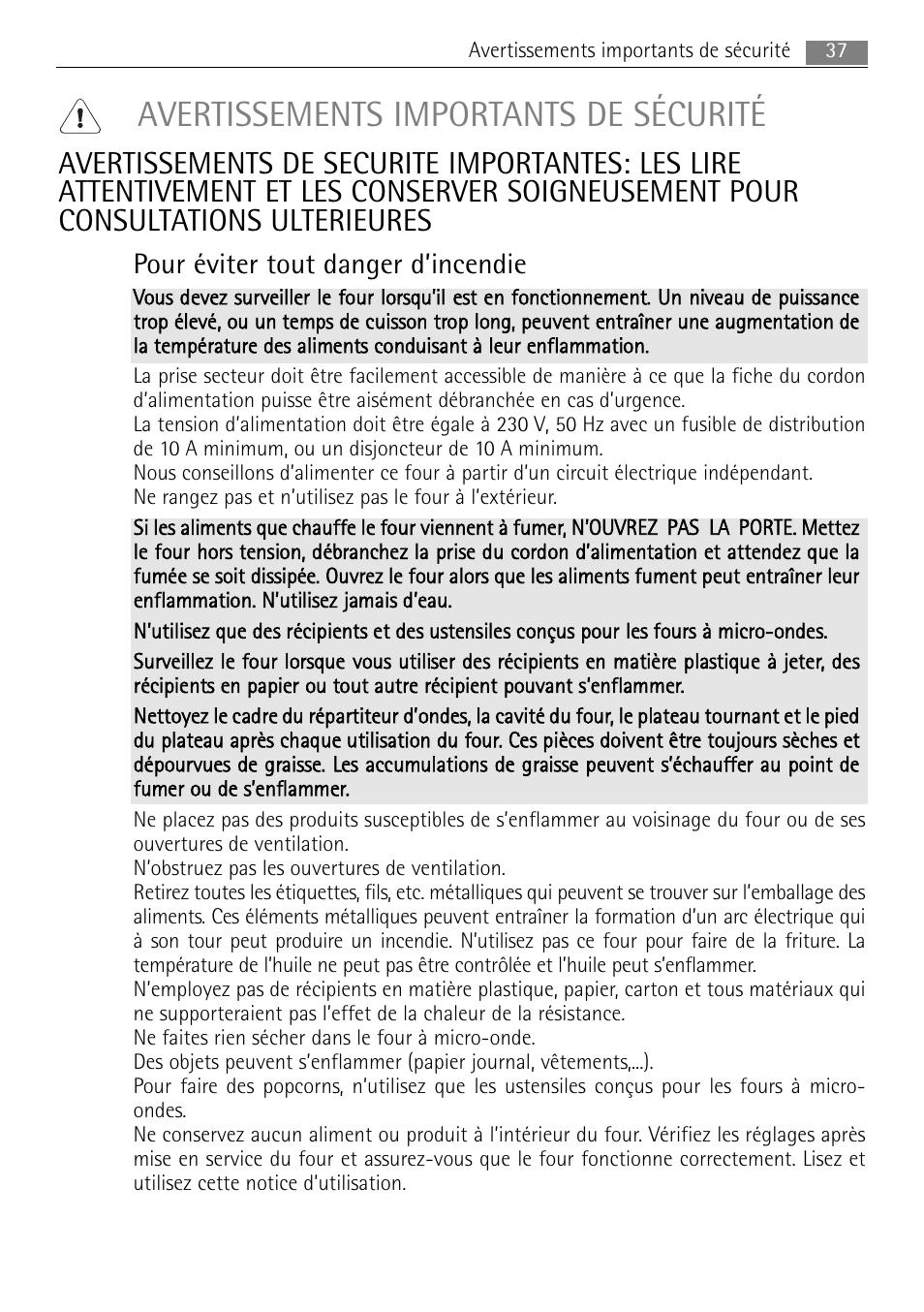 Avertissements importants de sécurité, Pour éviter tout danger d’incendie | AEG MC1763E-M User Manual | Page 37 / 168