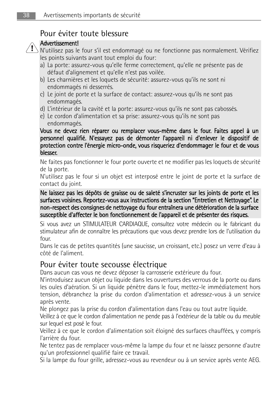 Pour éviter toute blessure, Pour éviter toute secousse électrique | AEG MC1763E-M User Manual | Page 38 / 168