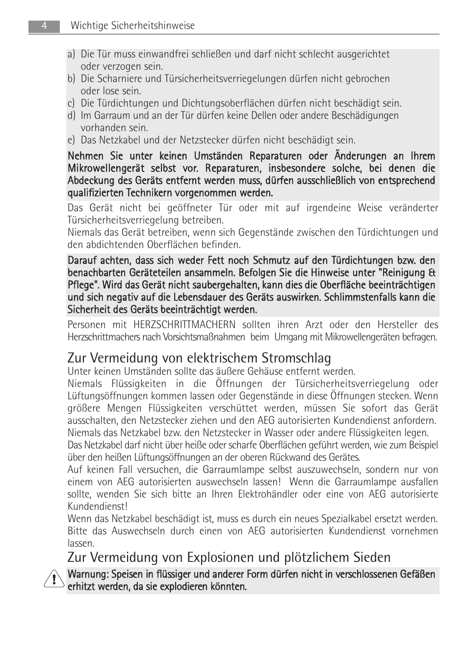 Zur vermeidung von elektrischem stromschlag | AEG MC1763E-M User Manual | Page 4 / 168