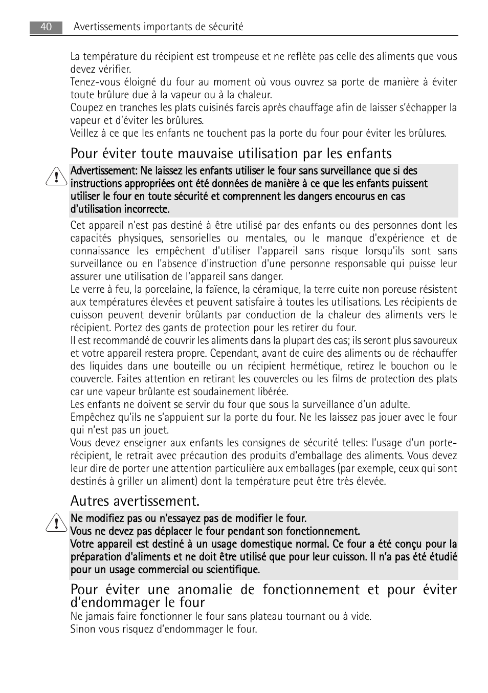 Autres avertissement | AEG MC1763E-M User Manual | Page 40 / 168
