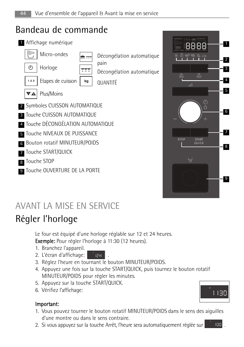 Bandeau de commande, Régler l’horloge, Avant la mise en service | AEG MC1763E-M User Manual | Page 44 / 168