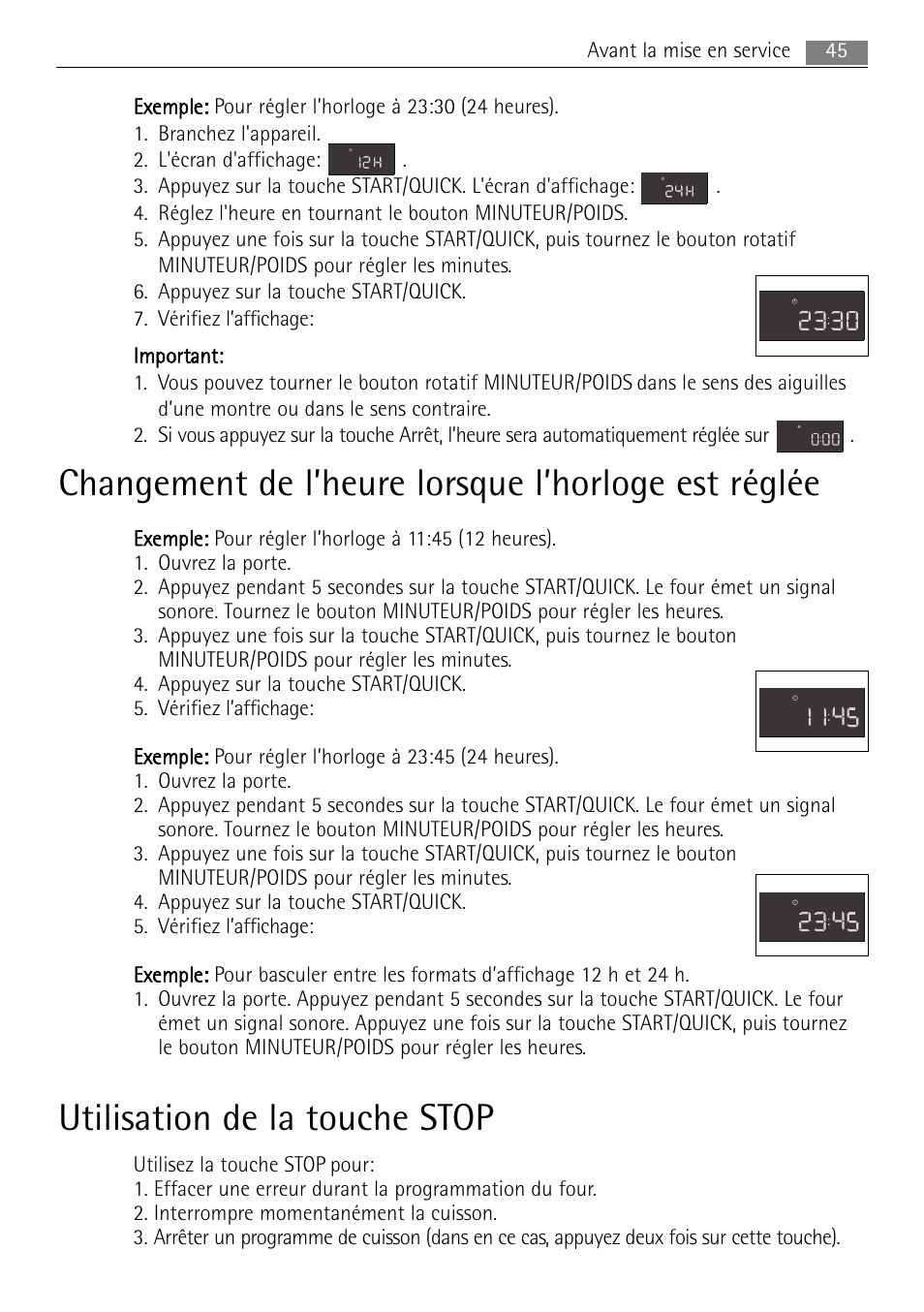 Changement de l’heure lorsque l’horloge est réglée, Utilisation de la touche stop | AEG MC1763E-M User Manual | Page 45 / 168