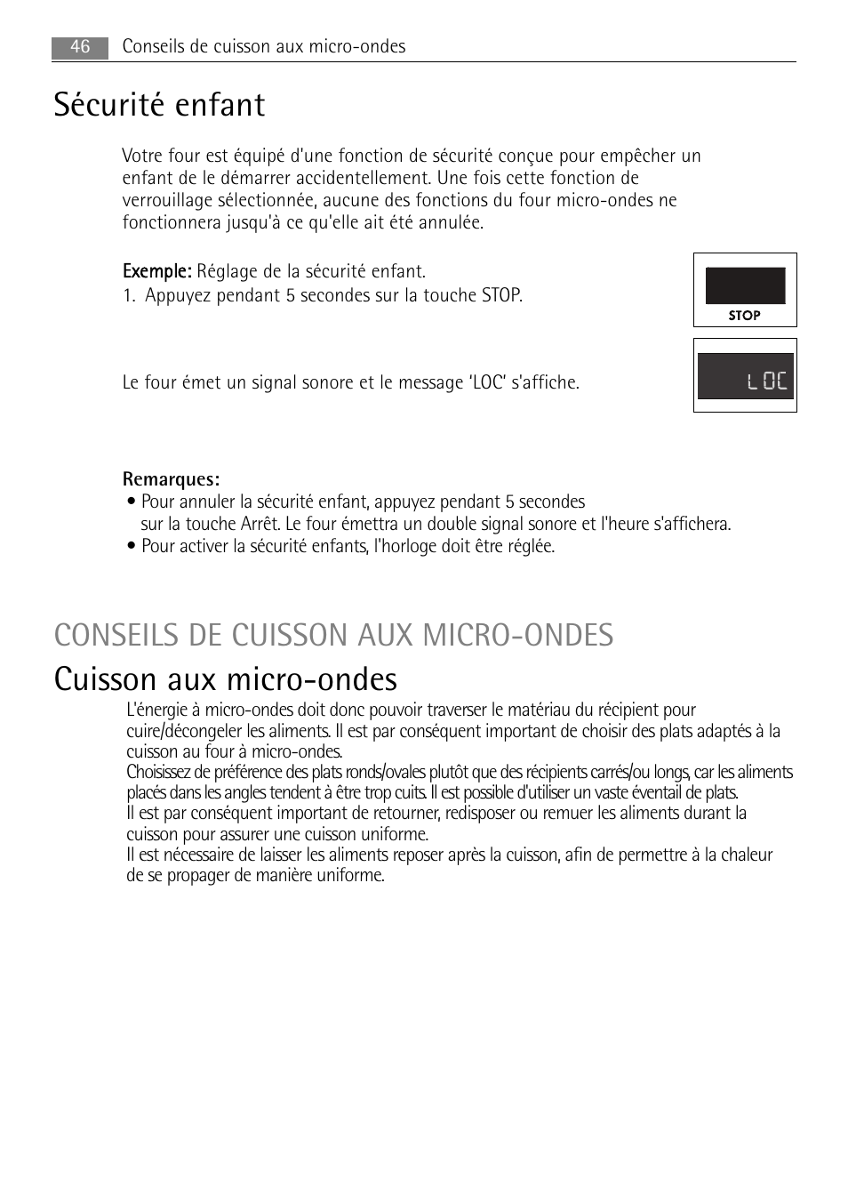 Sécurité enfant, Cuisson aux micro-ondes, Conseils de cuisson aux micro-ondes | 46 conseils de cuisson aux micro-ondes | AEG MC1763E-M User Manual | Page 46 / 168