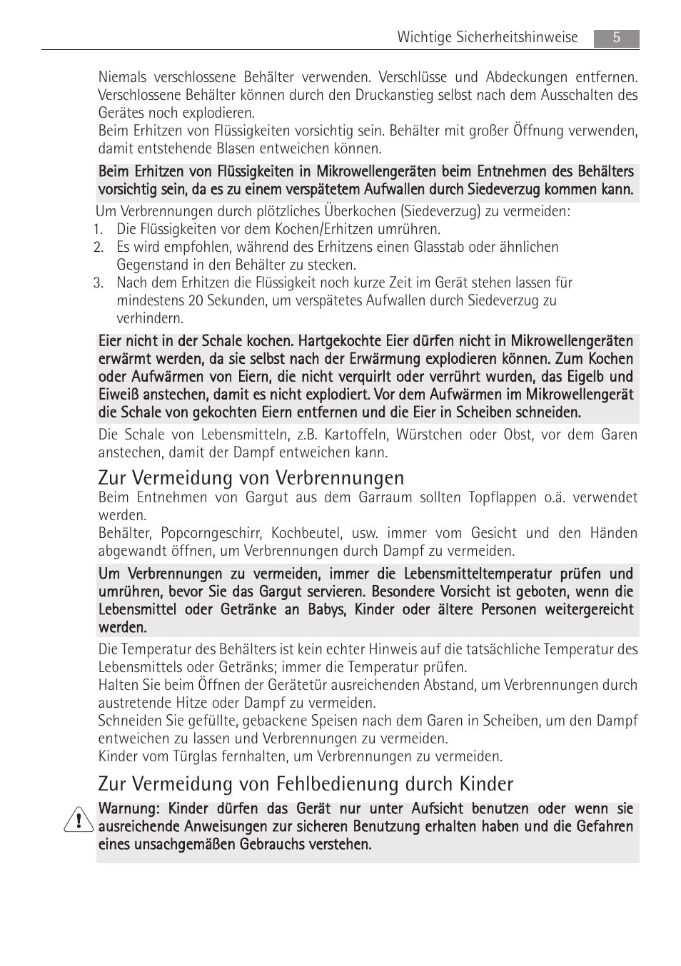 Zur vermeidung von verbrennungen, Zur vermeidung von fehlbedienung durch kinder | AEG MC1763E-M User Manual | Page 5 / 168