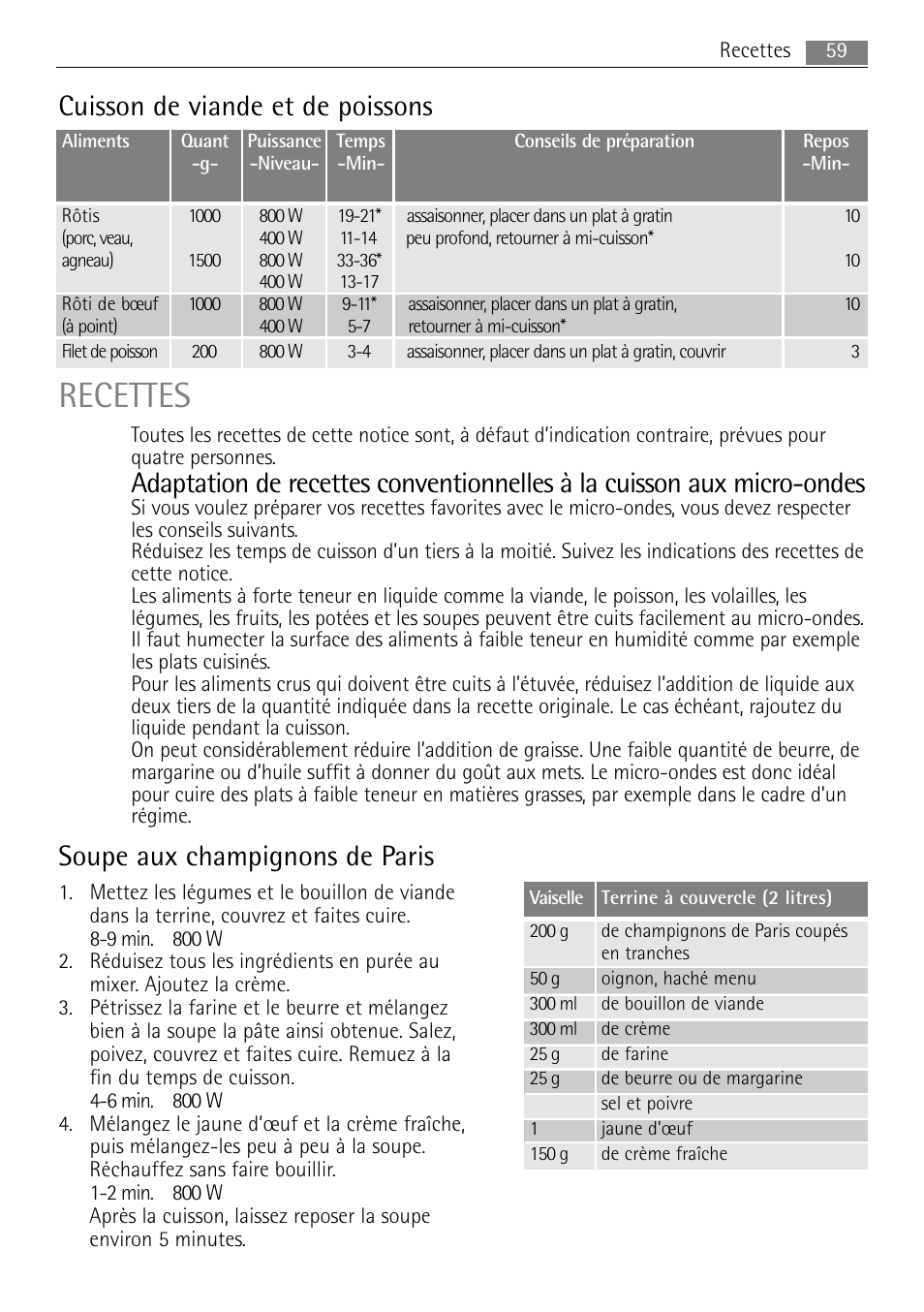 Recettes, Cuisson de viande et de poissons, Soupe aux champignons de paris | AEG MC1763E-M User Manual | Page 59 / 168