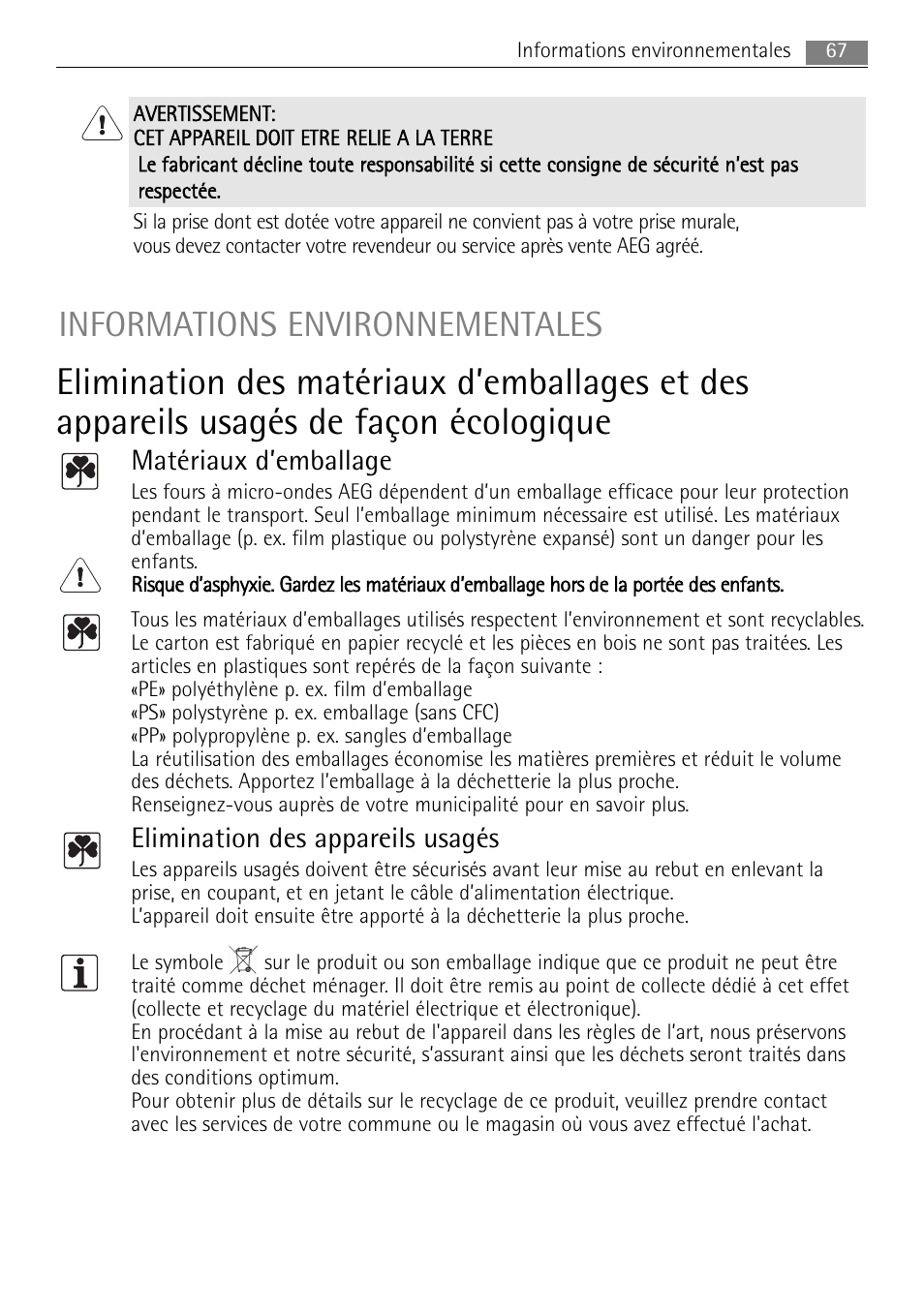 Informations environnementales, Matériaux d’emballage, Elimination des appareils usagés | AEG MC1763E-M User Manual | Page 67 / 168