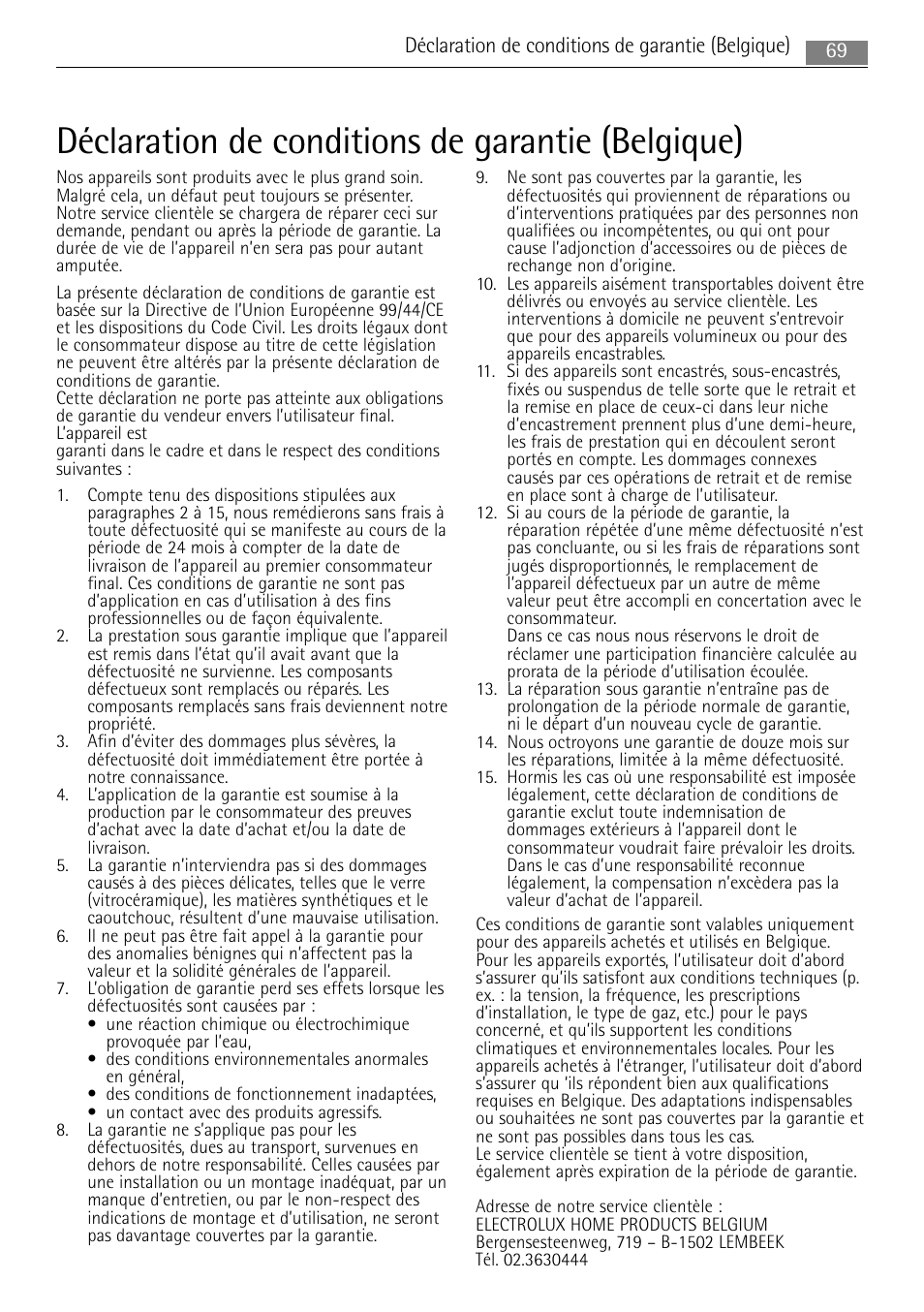 Déclaration de conditions de garantie (belgique) | AEG MC1763E-M User Manual | Page 69 / 168