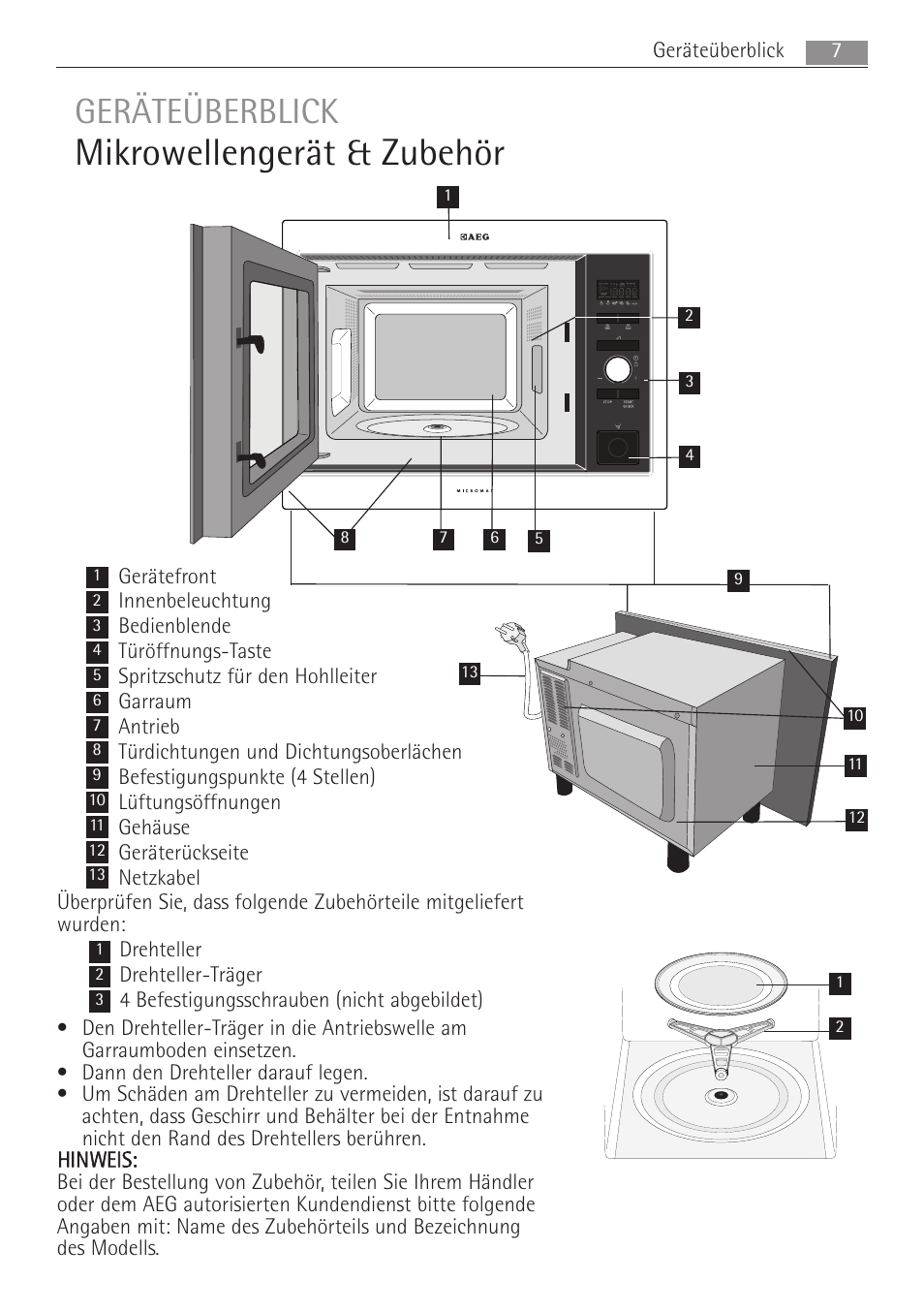 Mikrowellengerät & zubehör, Geräteüberblick | AEG MC1763E-M User Manual | Page 7 / 168
