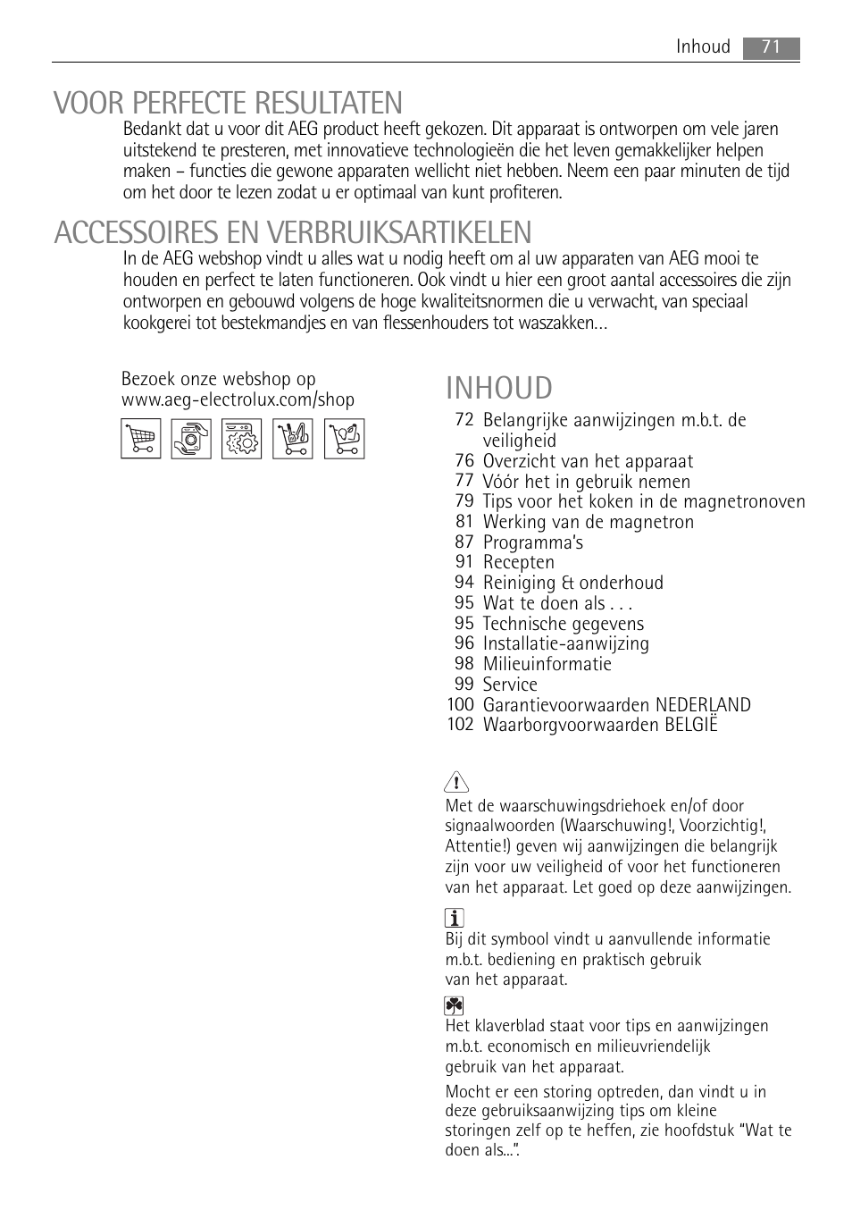 Voor perfecte resultaten, Accessoires en verbruiksartikelen, Inhoud | AEG MC1763E-M User Manual | Page 71 / 168