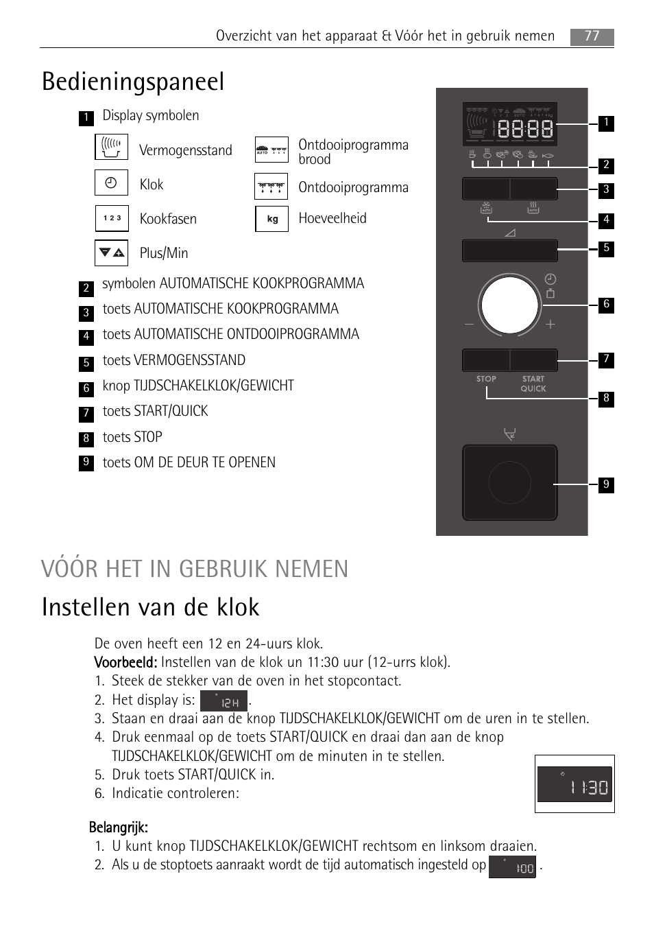 Bedieningspaneel, Instellen van de klok, Vóór het in gebruik nemen | AEG MC1763E-M User Manual | Page 77 / 168