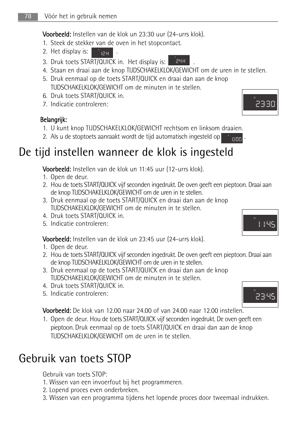 De tijd instellen wanneer de klok is ingesteld, Gebruik van toets stop | AEG MC1763E-M User Manual | Page 78 / 168
