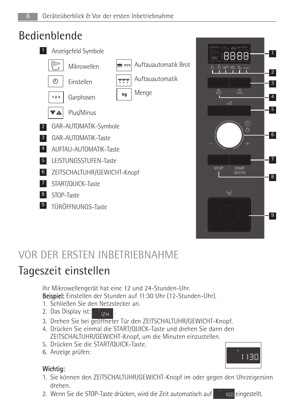 Bedienblende, Tageszeit einstellen, Vor der ersten inbetriebnahme | 8geräteüberblick & vor der ersten inbetriebnahme | AEG MC1763E-M User Manual | Page 8 / 168