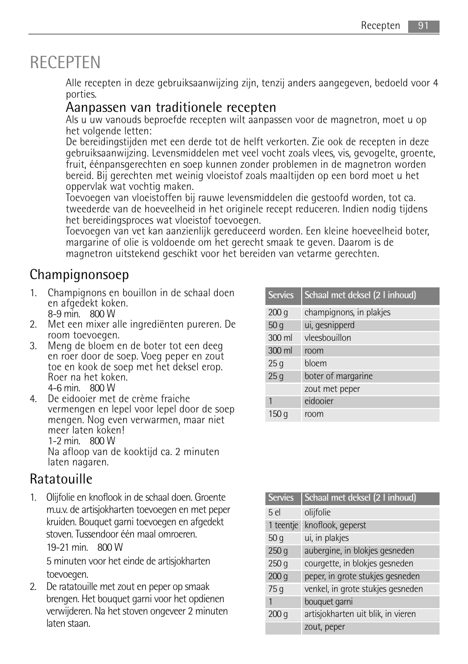 Recepten, Aanpassen van traditionele recepten, Champignonsoep | Ratatouille | AEG MC1763E-M User Manual | Page 91 / 168