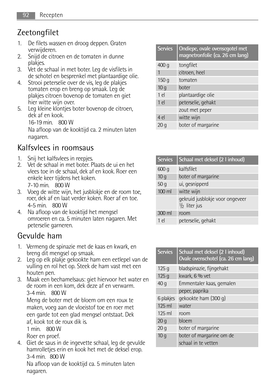 Zeetongfilet, Kalfsvlees in roomsaus, Gevulde ham | AEG MC1763E-M User Manual | Page 92 / 168