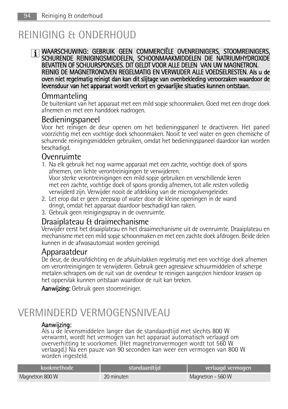 Reiniging & onderhoud verminderd vermogensniveau, Ommanteling, Bedieningspaneel | Ovenruimte, Draaiplateau & draimechanisme, Apparaatdeur | AEG MC1763E-M User Manual | Page 94 / 168