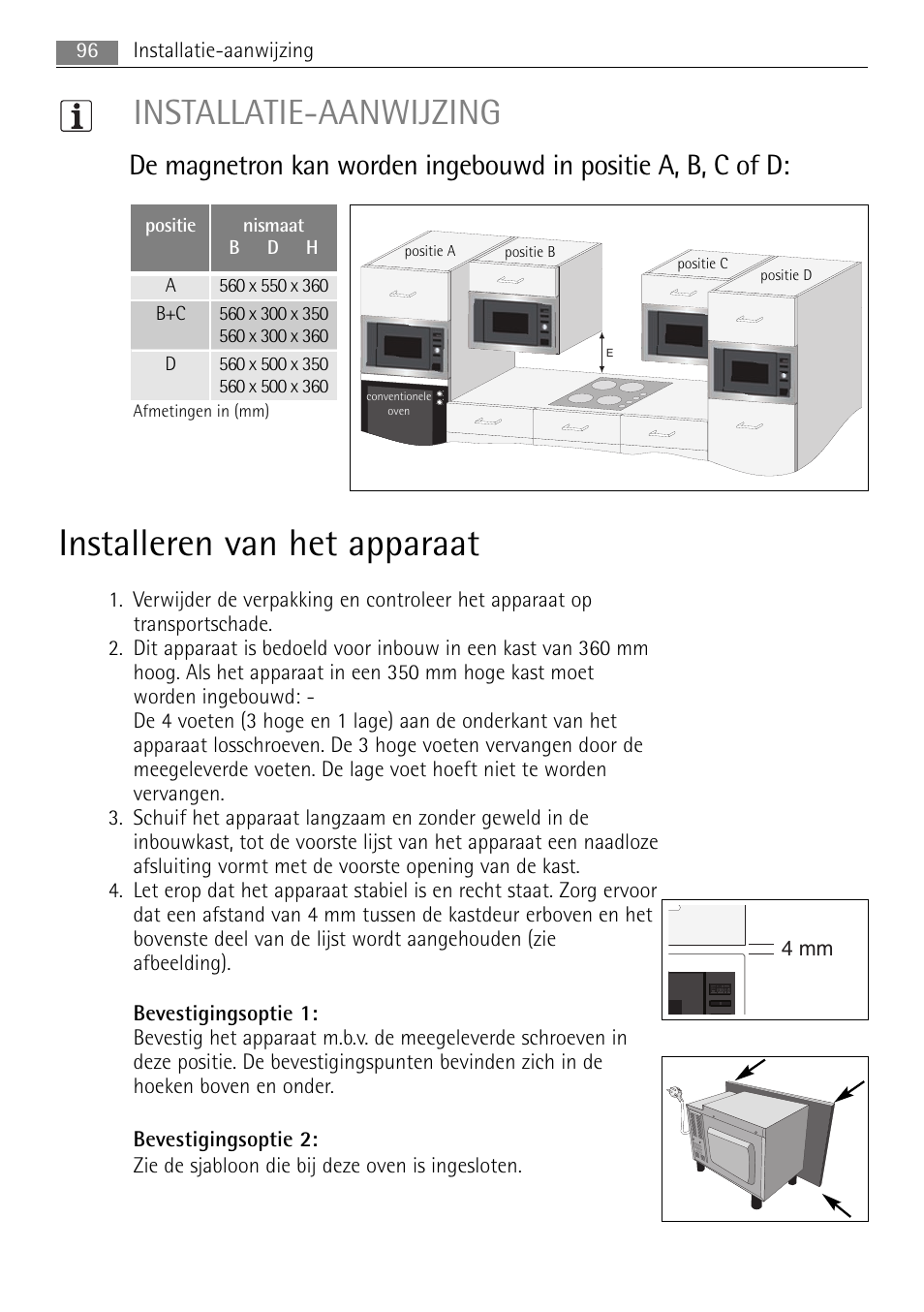 Installeren van het apparaat, Installatie-aanwijzing | AEG MC1763E-M User Manual | Page 96 / 168