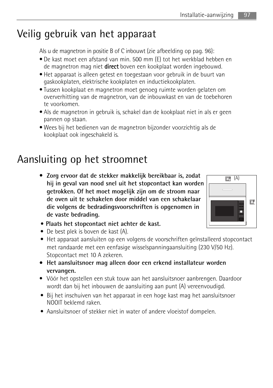 Aansluiting op het stroomnet, Veilig gebruik van het apparaat | AEG MC1763E-M User Manual | Page 97 / 168