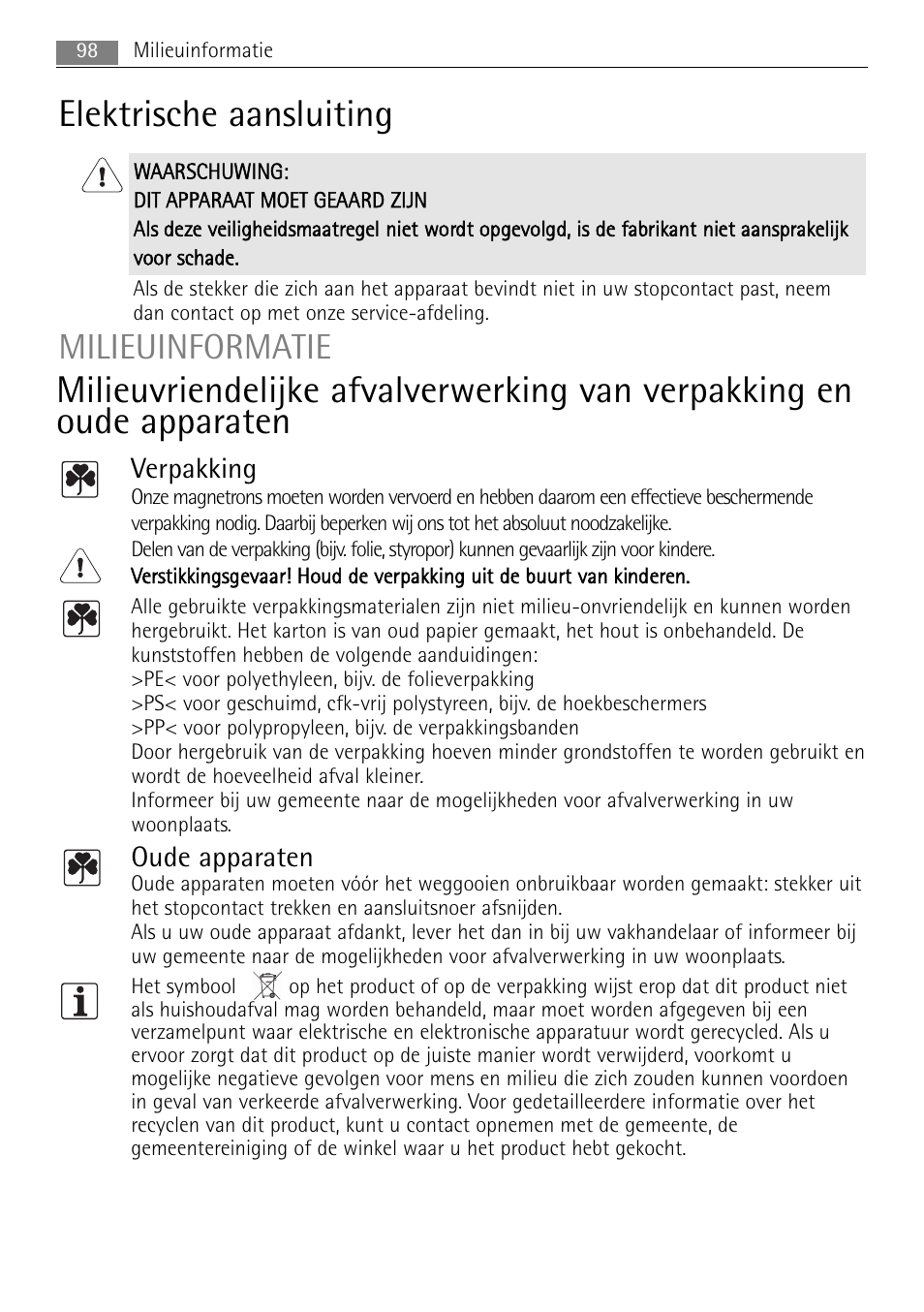 Elektrische aansluiting, Milieuinformatie, Verpakking | Oude apparaten | AEG MC1763E-M User Manual | Page 98 / 168