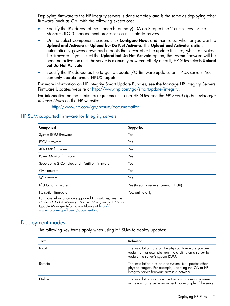 Hp sum supported firmware for integrity servers, Deployment modes | HP Smart Update Manager (User Guide) User Manual | Page 11 / 85