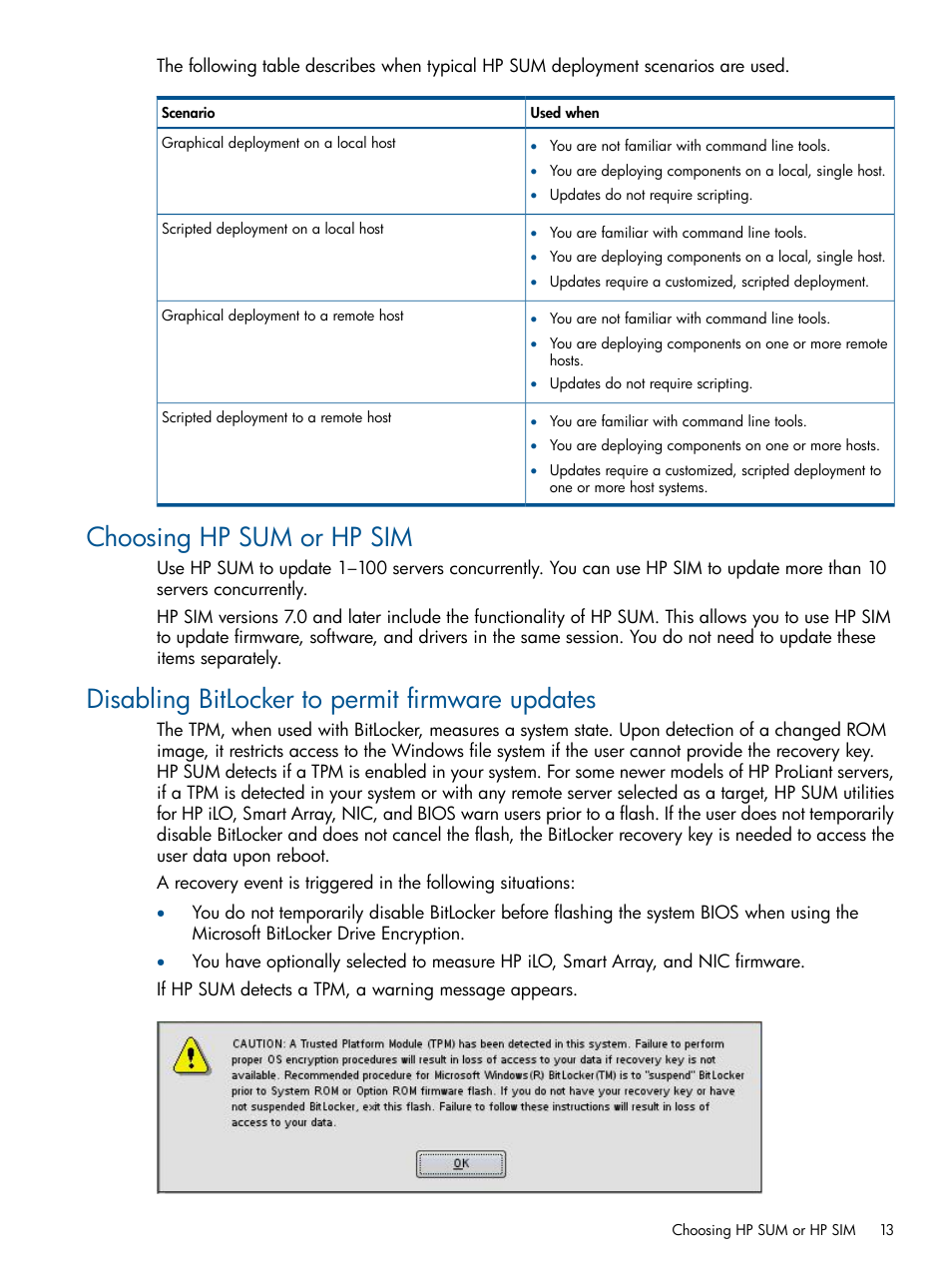 Choosing hp sum or hp sim, Disabling bitlocker to permit firmware updates | HP Smart Update Manager (User Guide) User Manual | Page 13 / 85