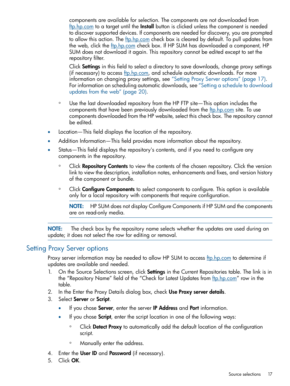 Setting proxy server options | HP Smart Update Manager (User Guide) User Manual | Page 17 / 85