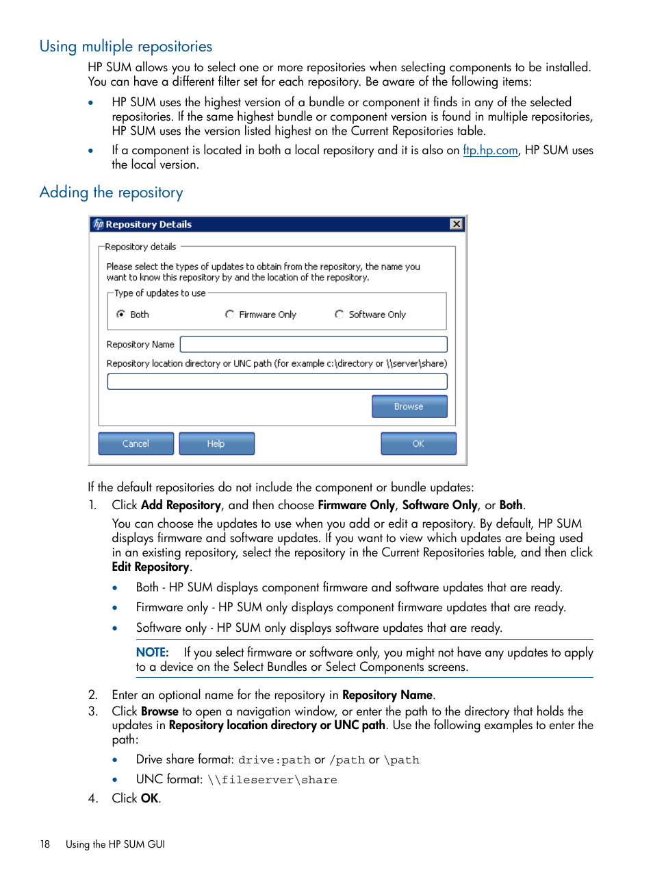 Using multiple repositories, Adding the repository, Using multiple repositories adding the repository | HP Smart Update Manager (User Guide) User Manual | Page 18 / 85