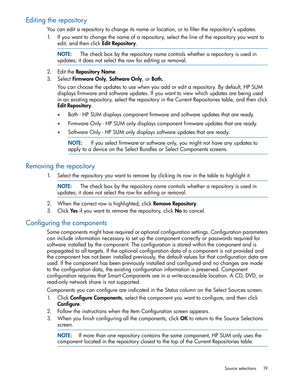 Editing the repository, Removing the repository, Configuring the components | HP Smart Update Manager (User Guide) User Manual | Page 19 / 85