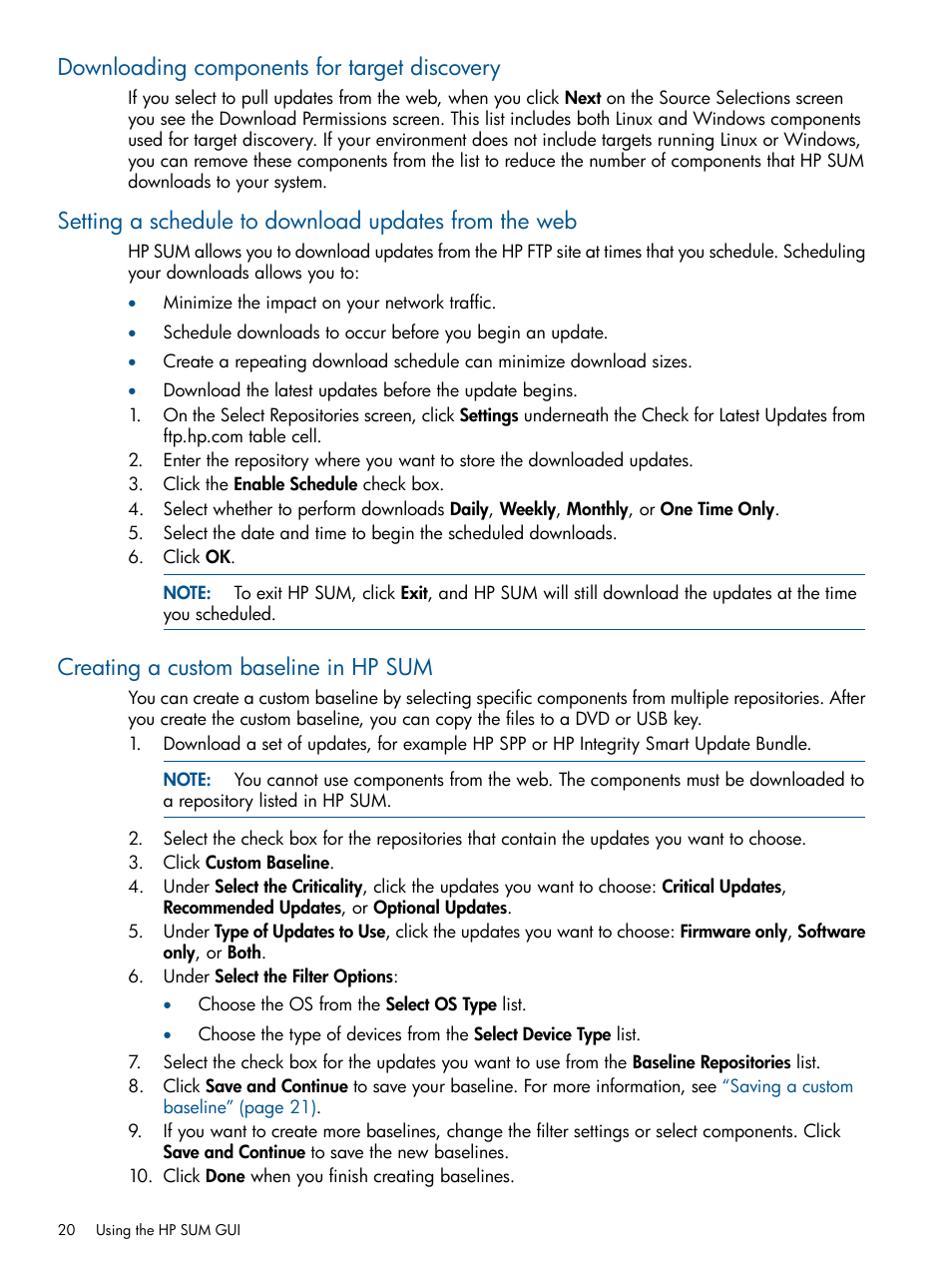 Downloading components for target discovery, Creating a custom baseline in hp sum, Setting a schedule to download | HP Smart Update Manager (User Guide) User Manual | Page 20 / 85