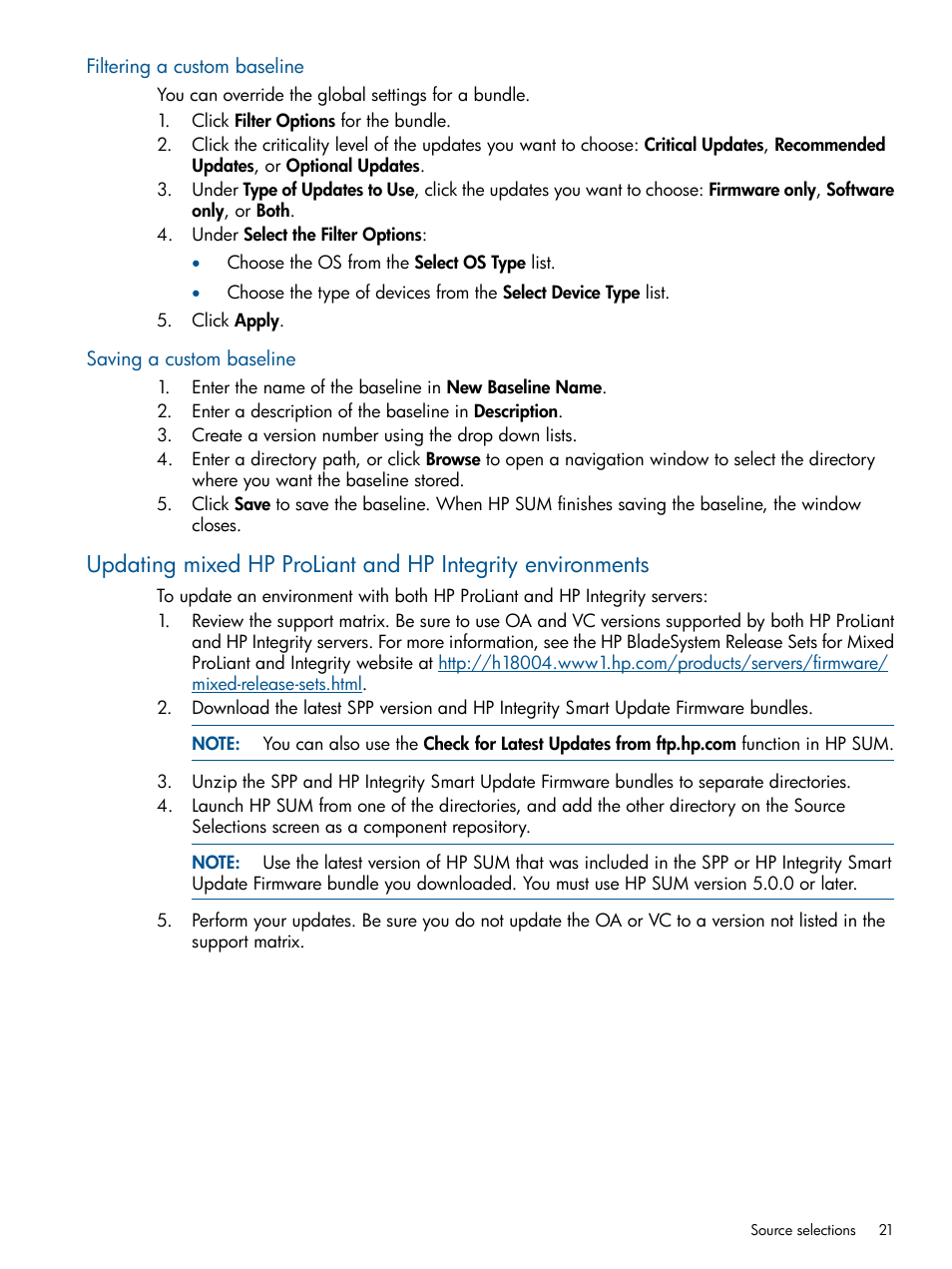 Filtering a custom baseline, Saving a custom baseline | HP Smart Update Manager (User Guide) User Manual | Page 21 / 85