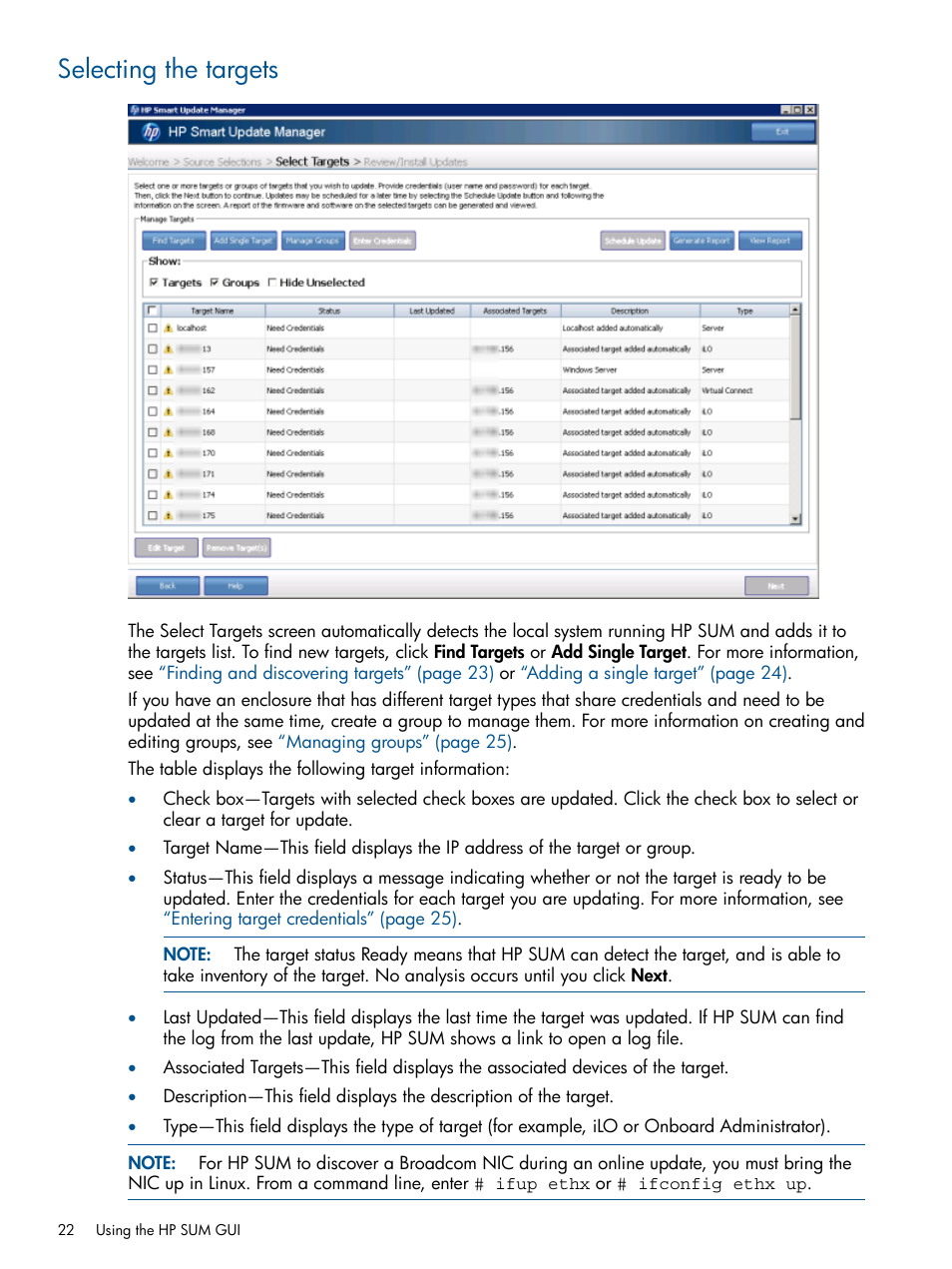 Selecting the targets | HP Smart Update Manager (User Guide) User Manual | Page 22 / 85