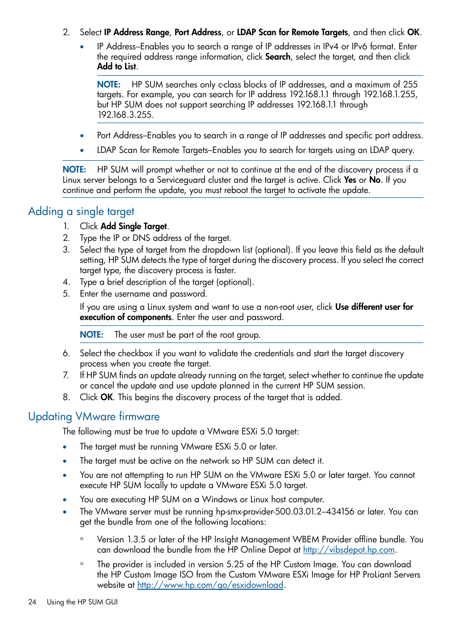 Adding a single target, Updating vmware firmware, Adding a single target updating vmware firmware | HP Smart Update Manager (User Guide) User Manual | Page 24 / 85