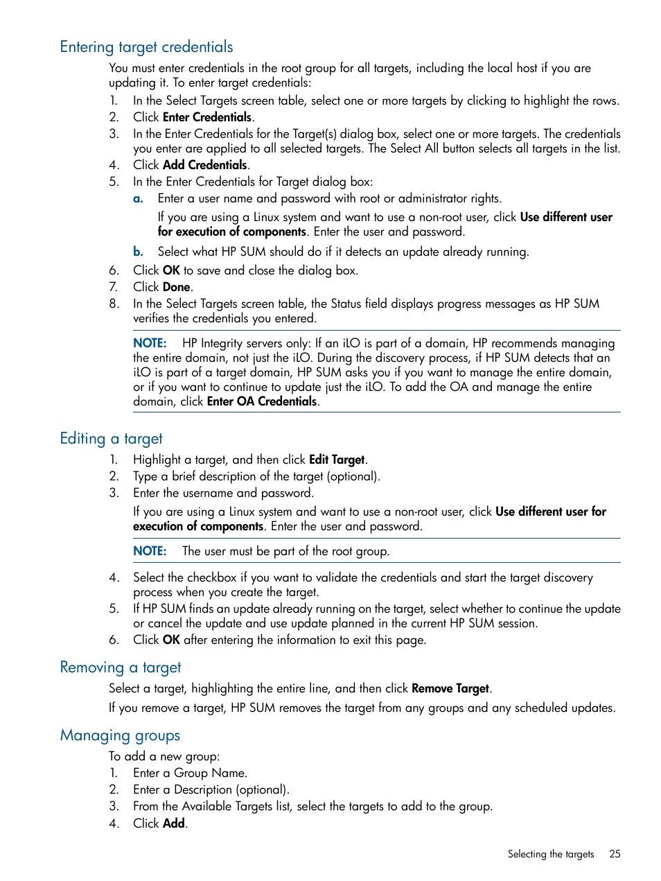 Entering target credentials, Editing a target, Removing a target | Managing groups | HP Smart Update Manager (User Guide) User Manual | Page 25 / 85