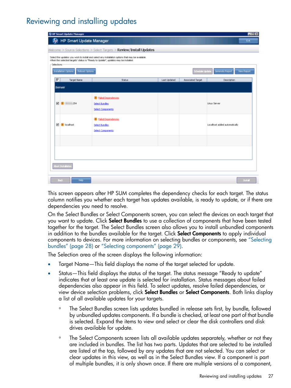 Reviewing and installing updates | HP Smart Update Manager (User Guide) User Manual | Page 27 / 85