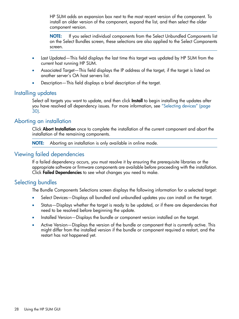 Installing updates, Aborting an installation, Viewing failed dependencies | Selecting bundles | HP Smart Update Manager (User Guide) User Manual | Page 28 / 85