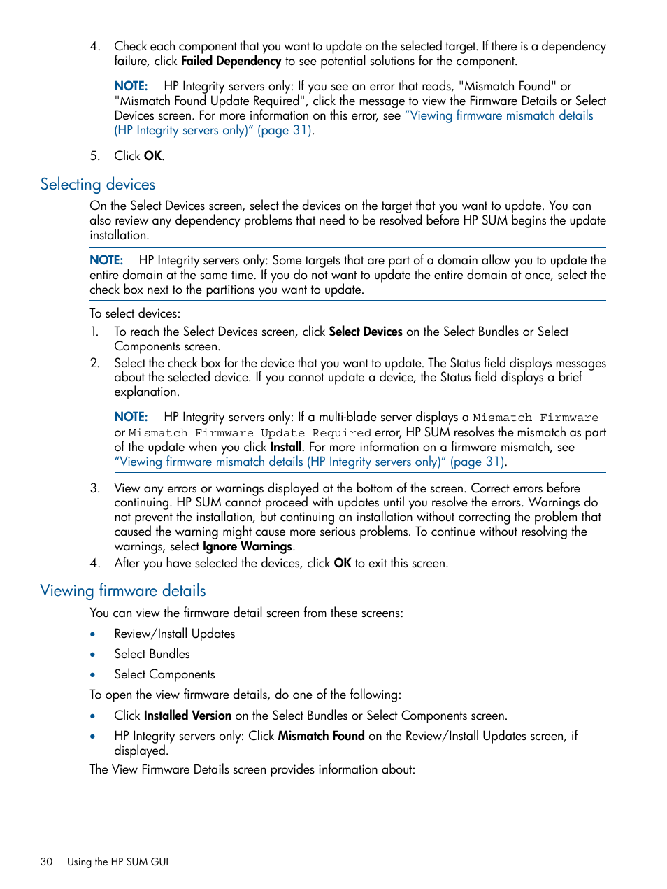 Selecting devices, Viewing firmware details, Selecting devices viewing firmware details | HP Smart Update Manager (User Guide) User Manual | Page 30 / 85