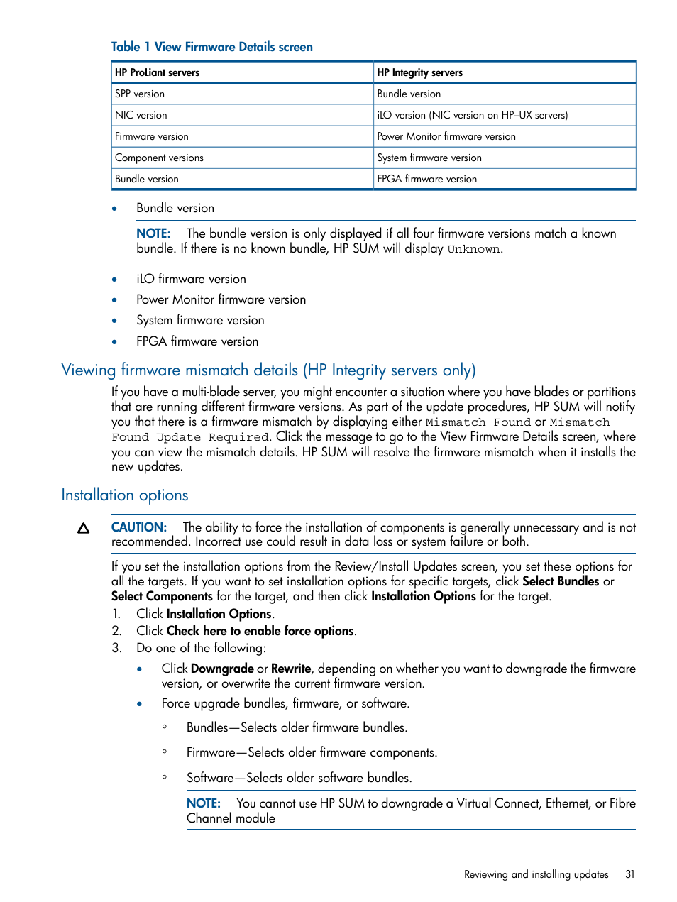 Installation options, Viewing firmware mismatch details | HP Smart Update Manager (User Guide) User Manual | Page 31 / 85