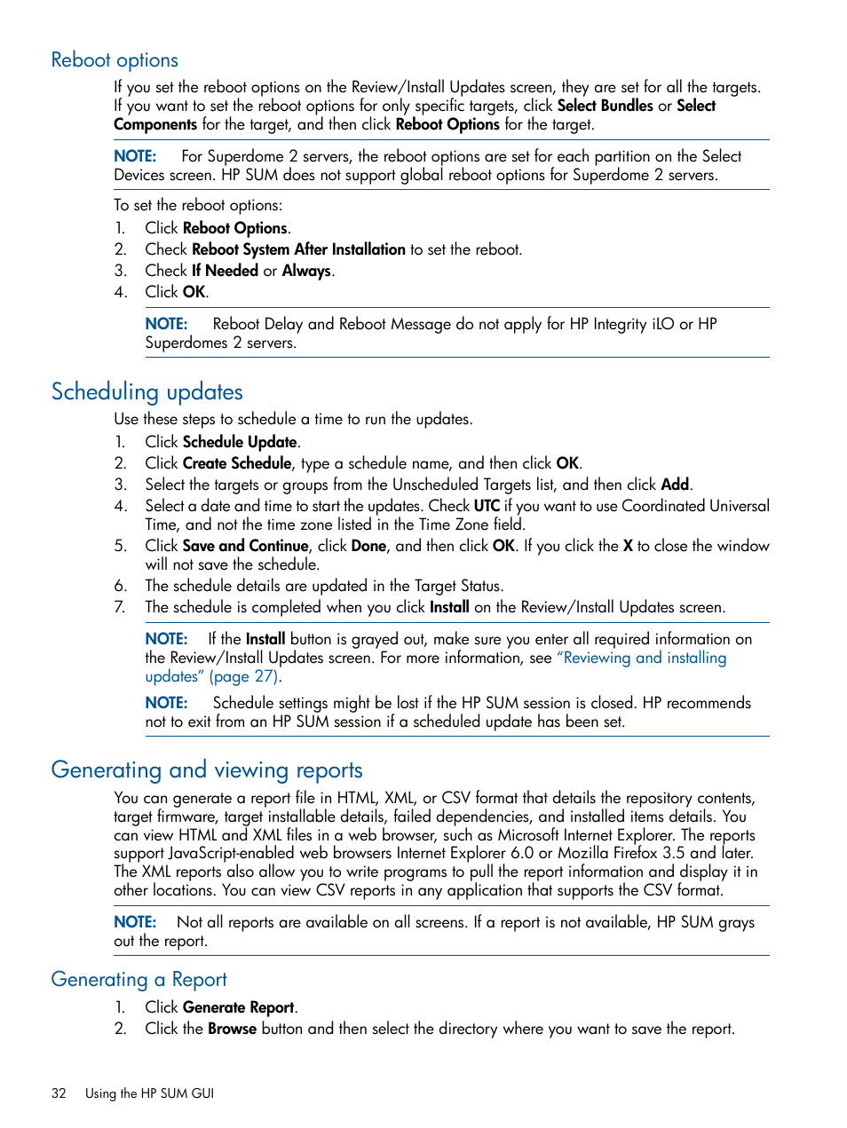 Reboot options, Scheduling updates, Generating and viewing reports | Generating a report, Scheduling updates generating and viewing reports | HP Smart Update Manager (User Guide) User Manual | Page 32 / 85