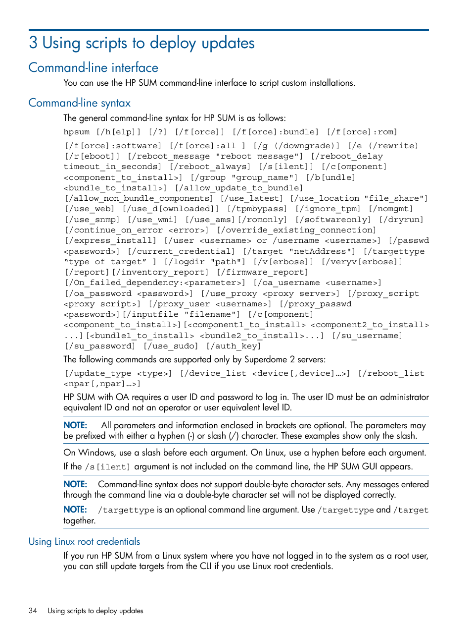 3 using scripts to deploy updates, Command-line interface, Command-line syntax | Using linux root credentials | HP Smart Update Manager (User Guide) User Manual | Page 34 / 85