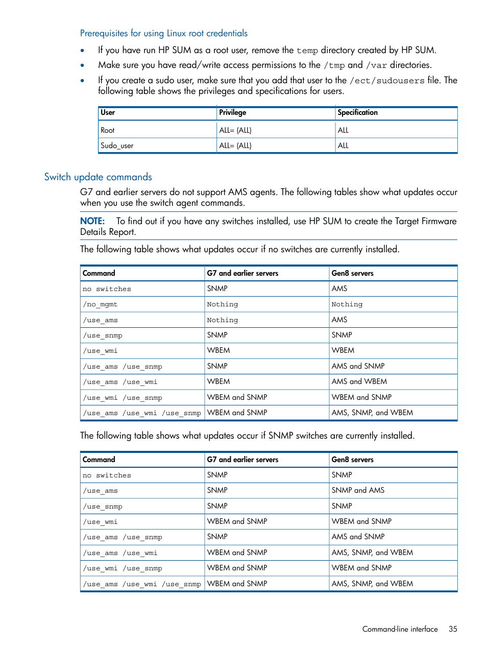 Prerequisites for using linux root credentials, Switch update commands | HP Smart Update Manager (User Guide) User Manual | Page 35 / 85