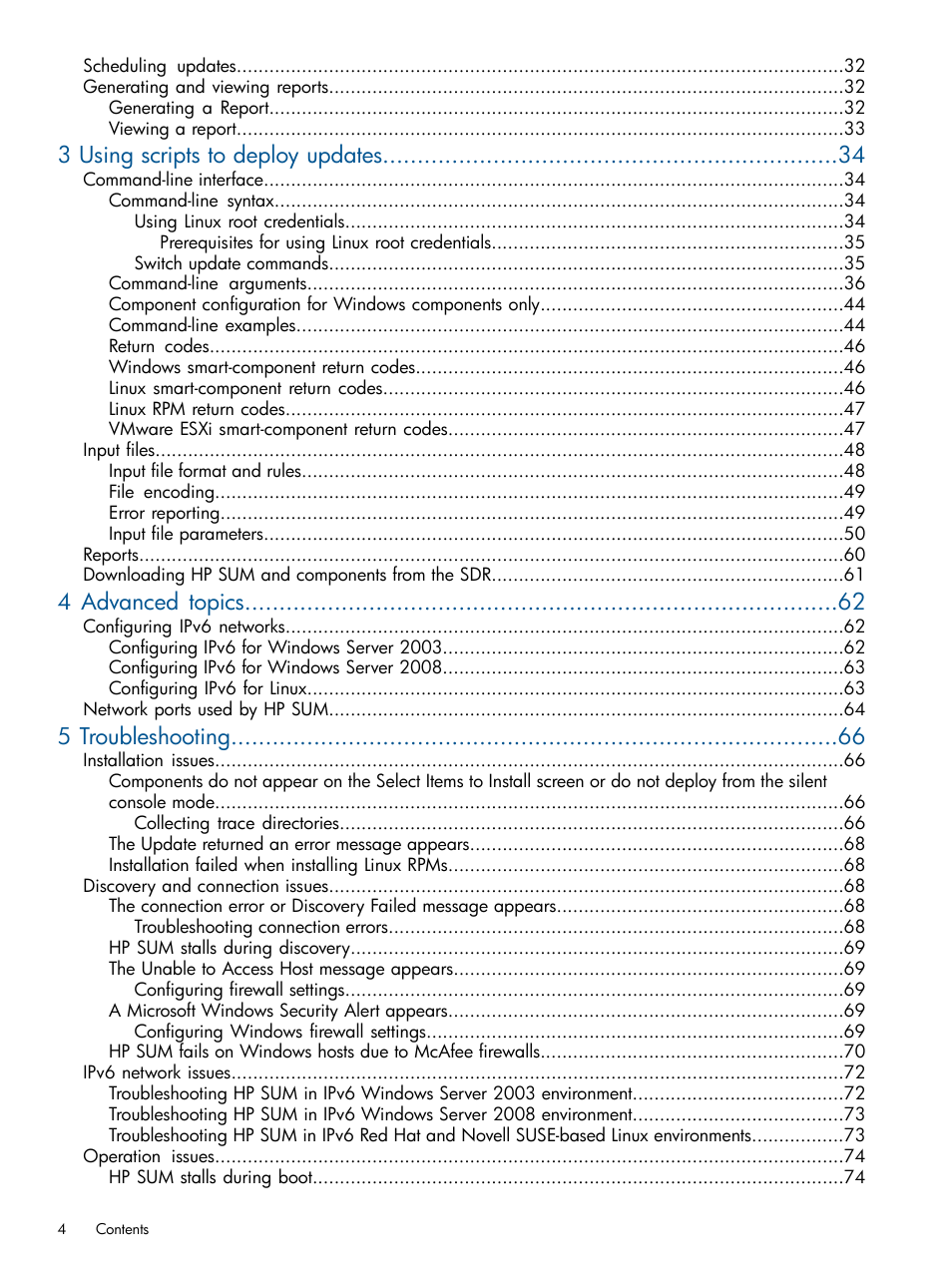 3 using scripts to deploy updates, 4 advanced topics, 5 troubleshooting | HP Smart Update Manager (User Guide) User Manual | Page 4 / 85