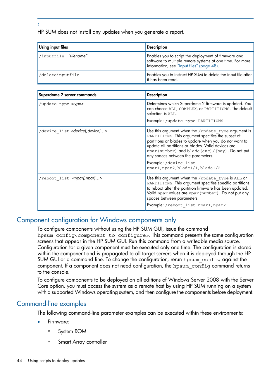 Command-line examples | HP Smart Update Manager (User Guide) User Manual | Page 44 / 85