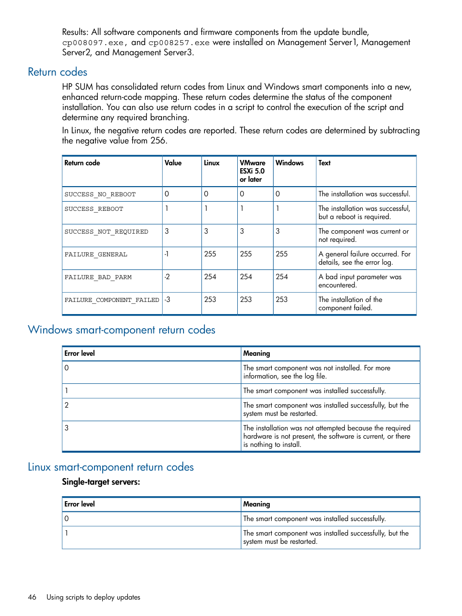 Return codes, Windows smart-component return codes, Linux smart-component return codes | HP Smart Update Manager (User Guide) User Manual | Page 46 / 85