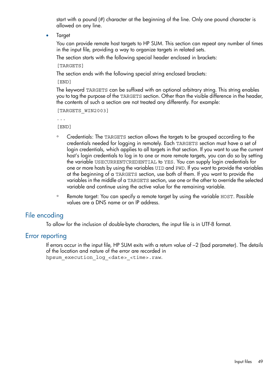 File encoding, Error reporting, File encoding error reporting | HP Smart Update Manager (User Guide) User Manual | Page 49 / 85