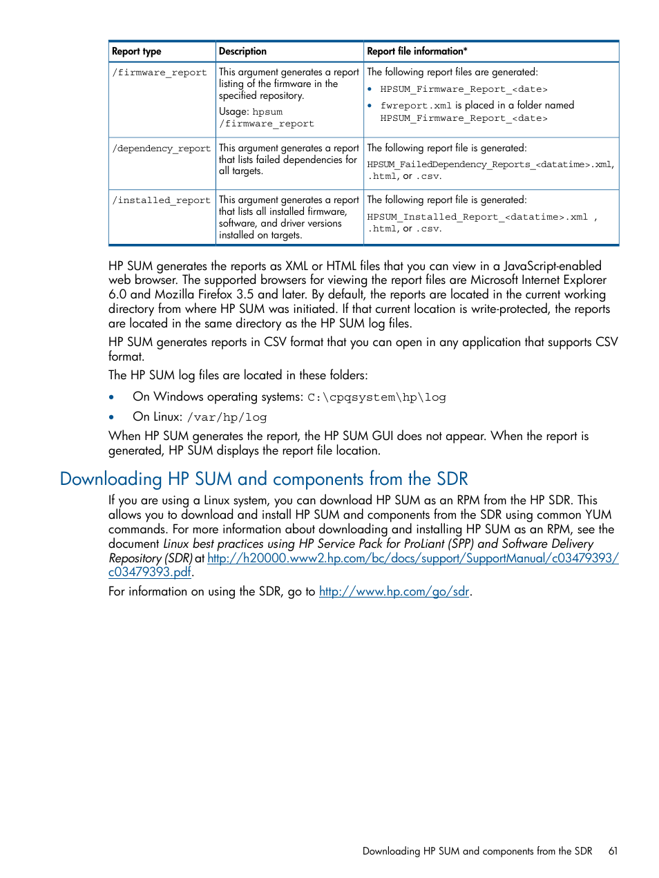 Downloading hp sum and components from the sdr | HP Smart Update Manager (User Guide) User Manual | Page 61 / 85