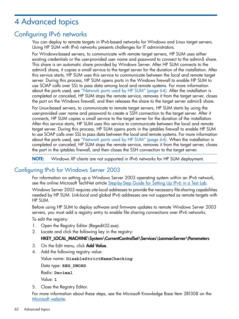 4 advanced topics, Configuring ipv6 networks, Configuring ipv6 for windows server 2003 | HP Smart Update Manager (User Guide) User Manual | Page 62 / 85