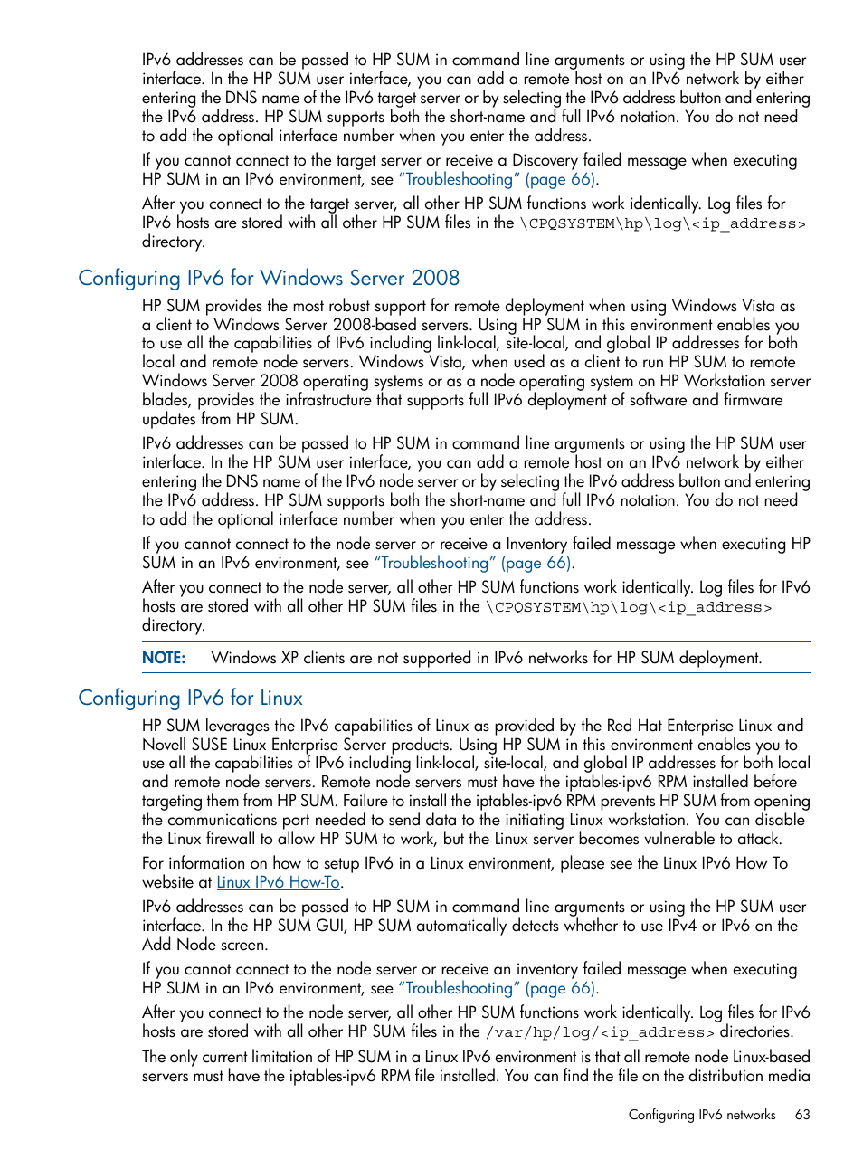 Configuring ipv6 for windows server 2008, Configuring ipv6 for linux | HP Smart Update Manager (User Guide) User Manual | Page 63 / 85