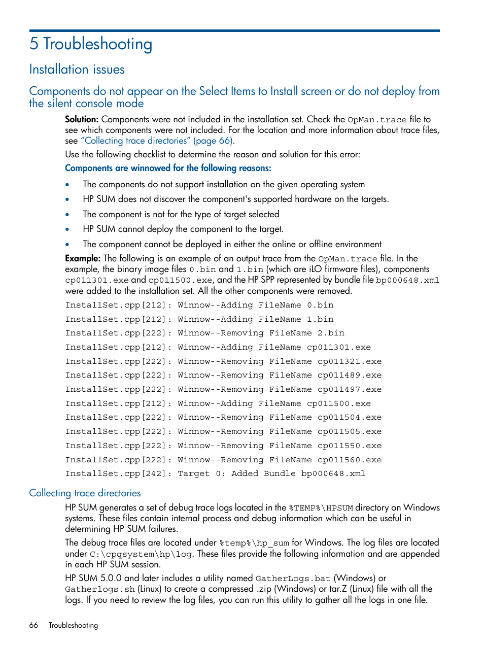 5 troubleshooting, Installation issues, Collecting trace directories | HP Smart Update Manager (User Guide) User Manual | Page 66 / 85