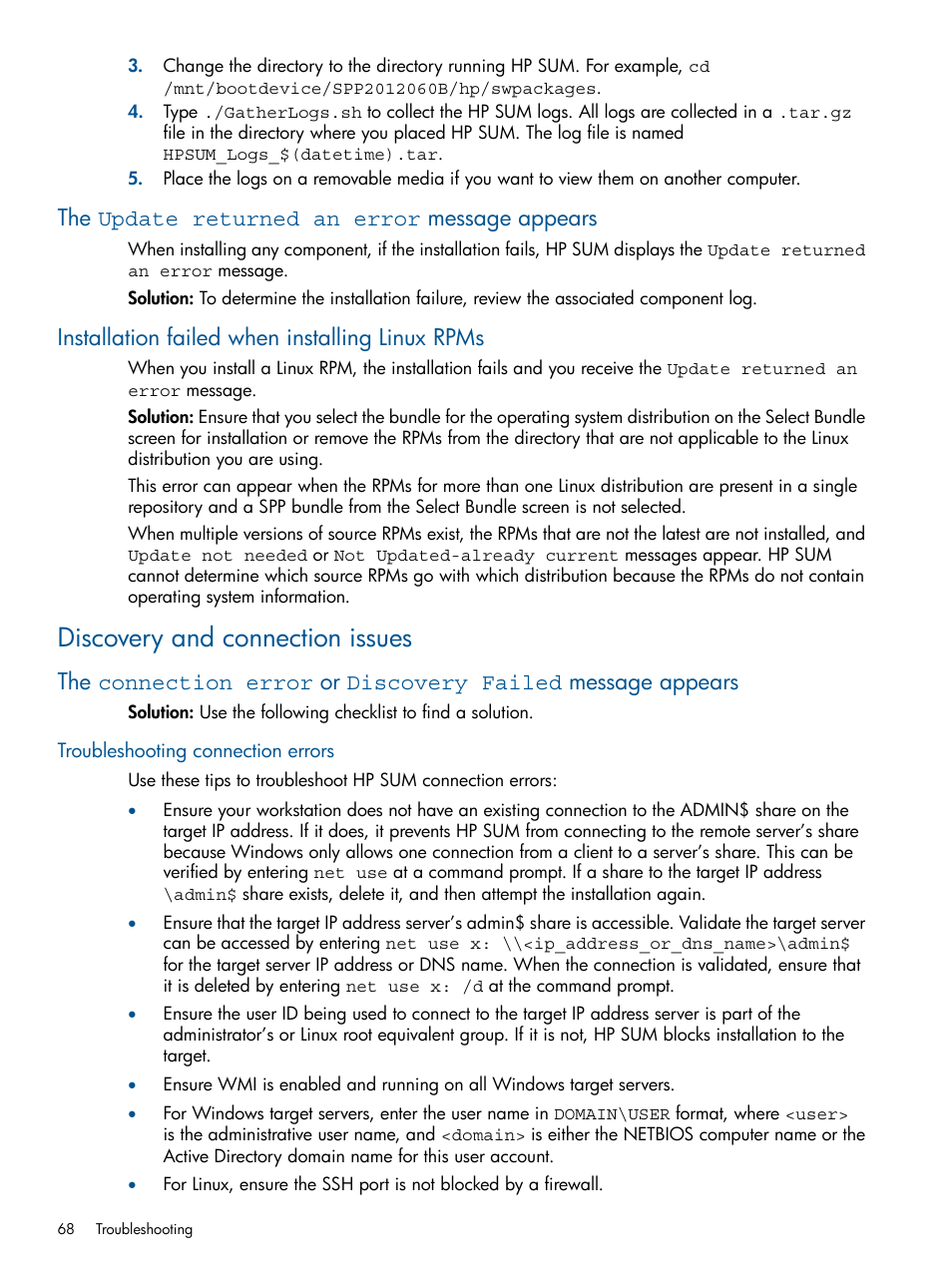 The update returned an error message appears, Installation failed when installing linux rpms, Discovery and connection issues | Troubleshooting connection errors | HP Smart Update Manager (User Guide) User Manual | Page 68 / 85