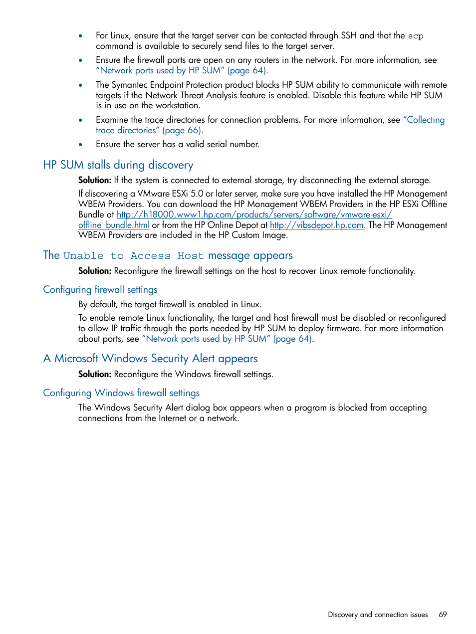 Hp sum stalls during discovery, The unable to access host message appears, Configuring firewall settings | A microsoft windows security alert appears, Configuring windows firewall settings | HP Smart Update Manager (User Guide) User Manual | Page 69 / 85